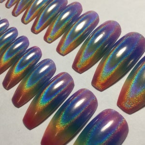 False Nails - Rainbow Holographic Extra Long Press On Coffin Nails