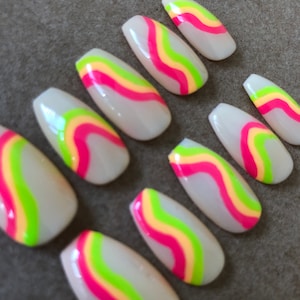 Neon False Nails, Swirl Nails, Full Set of 20 Fake Nails, Hand Painted Nails, Press on Nails.