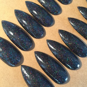 Hand Painted Black Glitter Press On Nails, Full Set of 20 Nails.