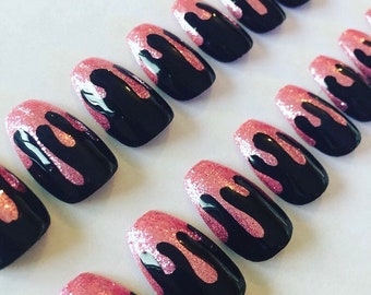 Pink and Black Glitter False Nails