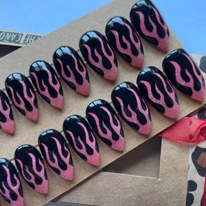 Flame Nails, Pink Iridescent Glitter Flame Press On Nails, Stiletto False Nails.