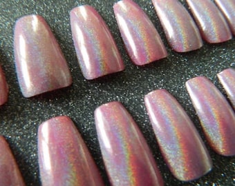 Pink Holographic Press on Nails, False Nails, Coffin Nails, Stiletto Nails