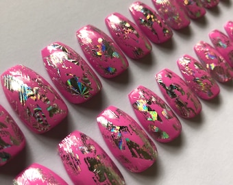 Pink /Foil Press on Nails | False Nails | Press Ons | Handmade Nails| Custom Nails| Made in UK | Fake Nails