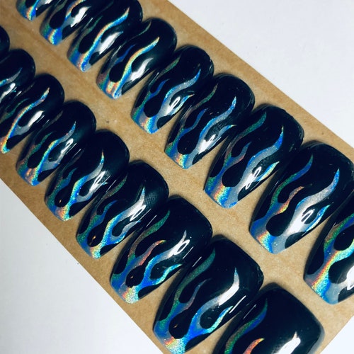 Blue and Black Holographic Flame False Nails - Etsy