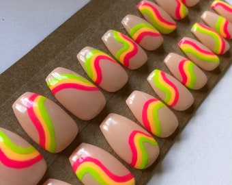 Swirl False Nails / Press on Nails / Neon Nails / False Nails Coffin