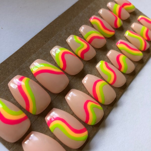 Swirl False Nails / Press on Nails / Neon Nails / False Nails Coffin