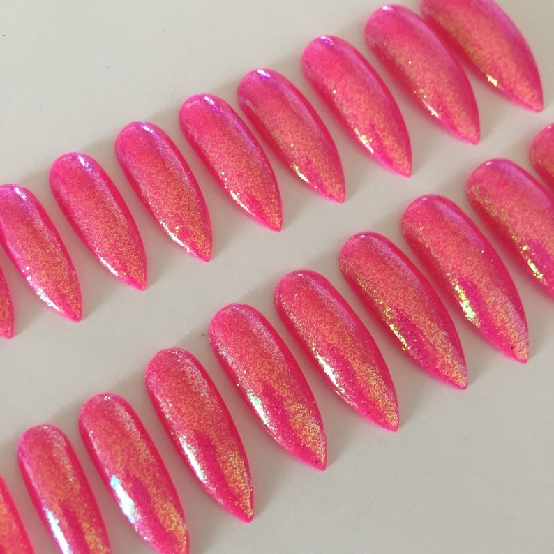 Pink Iridescent Glitter Extra Long Stiletto false Nails Press | Etsy