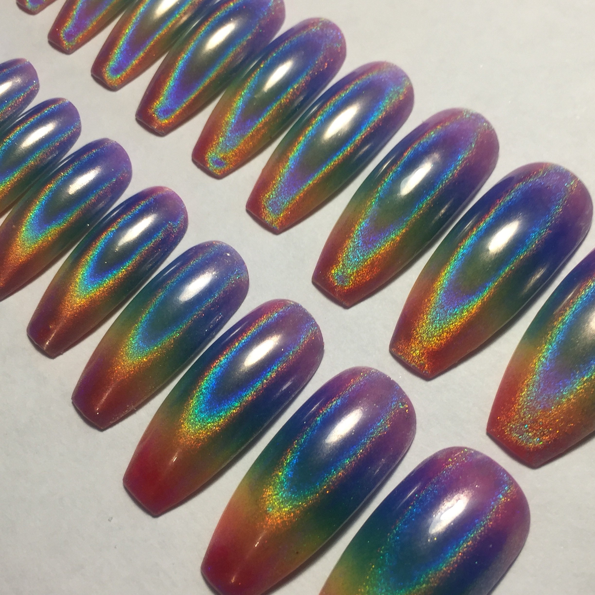 False Nails Rainbow Holographic Extra Long Press On Coffin | Etsy