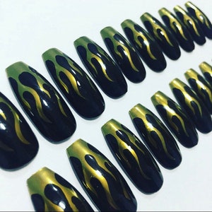 Gold Flame False Nails | Stick On Nails | Glue On Nails | Hand Painted Press On Nails | FakeNails