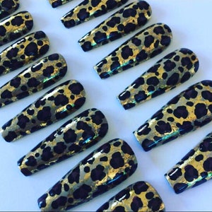 Leopard Print False Nails - Press on Nails - False Nails Coffin - Tapered Coffin False Nails