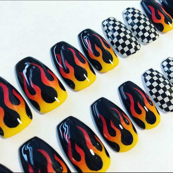 Black Ombre Flame False Nails Etsy Norway