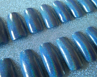 Blue Holographic Coffin Style False Nails.