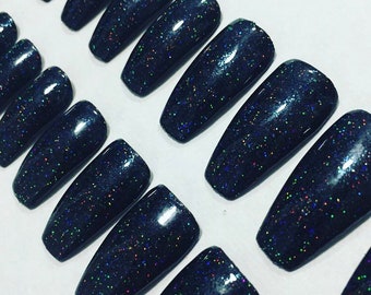 Black Holographic Glitter Press On Nails, Medium Coffin Nails