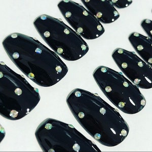 Short black  coffin/ballerina style false nails with crystals