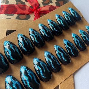 Blue Flame Press on Nails, Full Set Of 20 Stiletto, XL Stiletto, Coffin, or XL Coffin False Nails.