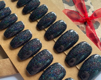 Black Holographic Glitter Press on Nails,  False Nails, Black Short Coffin Nails, Full set of 20 Nails