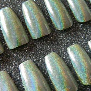 Green Holographic Coffin Style False Nails.