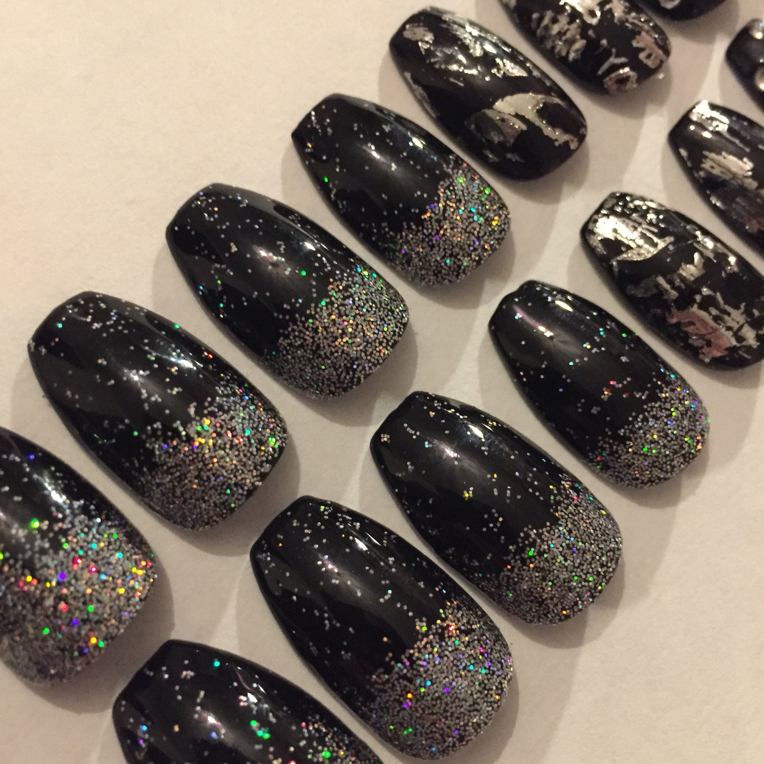 Black Glitter False Nails Stick on Nails Glue on Nails Etsy