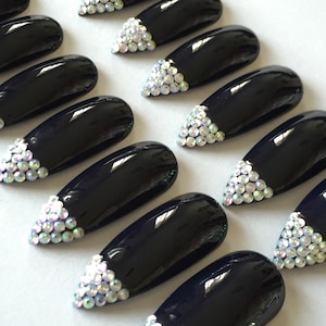 Extra Long Black False Nails With Crystal Tips.