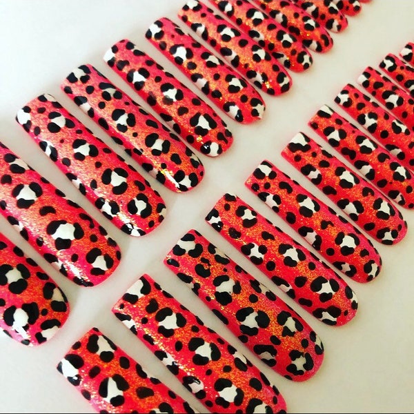 XXL Square Leopard Print False Nails, Drag Nails, Press On Nails.