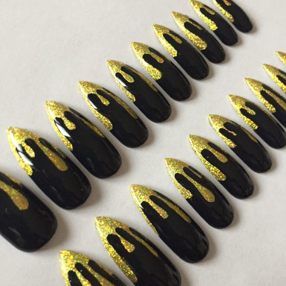Gold Holographic Glitter Drip Stiletto False Nails.