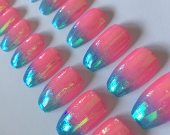 Pink and Blue Ombré False Nails, Coffin Press on Nails.