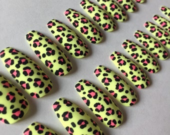 Neon Leopard Print Press On Nails, Fake Nails, Long Coffin Shape, False Nails, Leopard Print Neon Nails, Full Set Of Fake Nails.