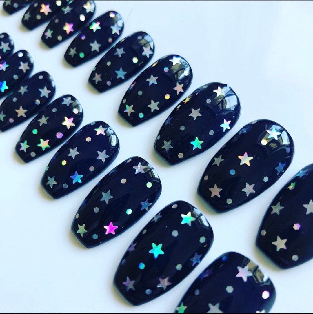 Black False Nails With Holographic Stars - Etsy