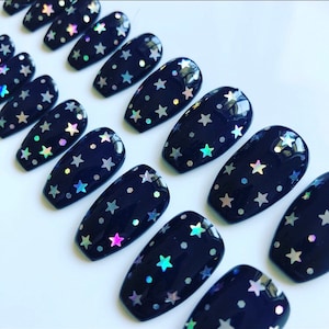 Uñas Postizas Negras con Estrellas Holográficas