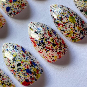 White Paint Splatter Press On Nails, Stiletto False Nails. image 9