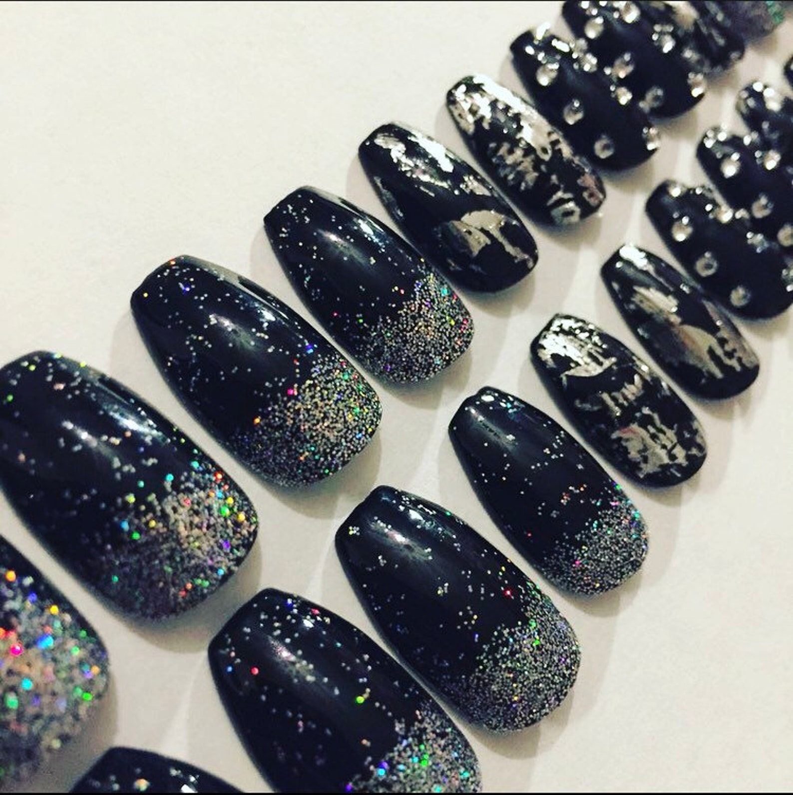 Black Glitter False Nails Stick on Nails Glue on Nails Etsy