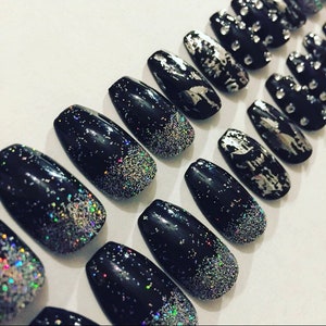 Black glitter False Nails | Stick On Nails | Glue On Nails | Hand Painted Press On Nails | Full Cover False Nails | Made In The UK