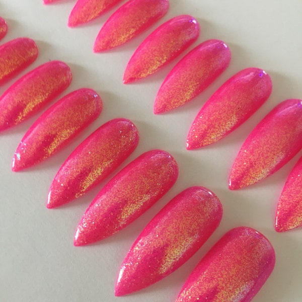 Pink Iridescent Glitter Extra Long Stiletto false Nails Press On Nails