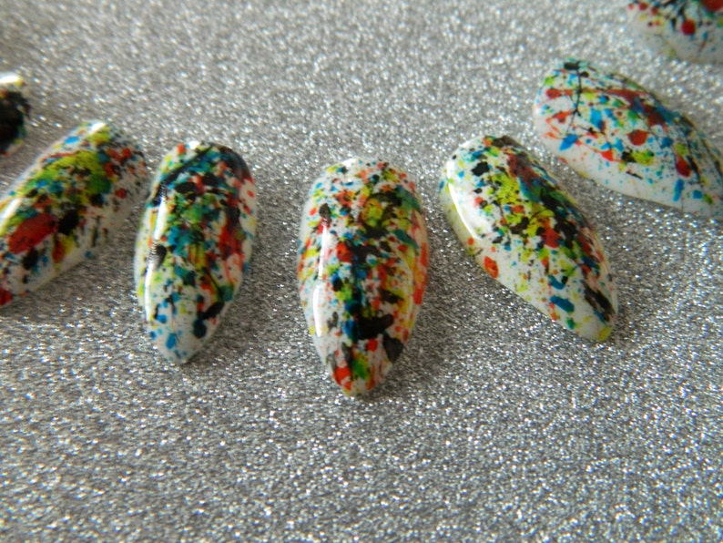 White Paint Splatter Press On Nails, Stiletto False Nails. image 4