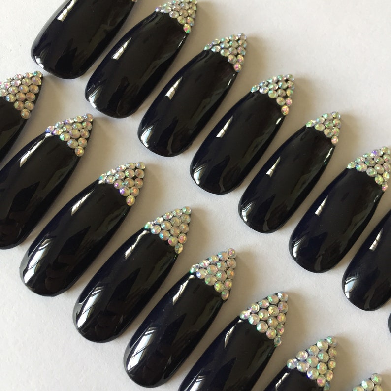 Extra Long Black False Nails With Crystal Tips. - Etsy