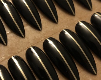 Black / Gold Stiletto False Nails. Minimalist Long Stiletto Press On Nails, Black and Gold Fake Nails.
