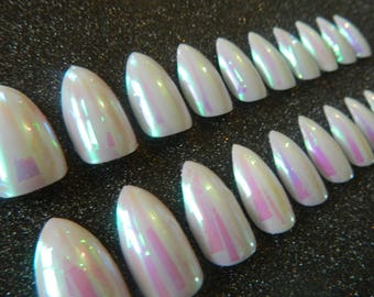 Iridescent Shattered Glass Stiletto False Nails.