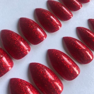 Red Glitter False Nails, Press on Nails, Pressons, Stiletto Nails, Press onNails U.K.