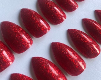 Red Glitter False Nails, Press on Nails, Pressons, Stiletto Nails, Press onNails U.K.