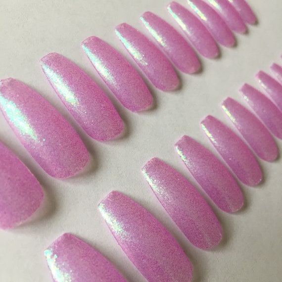 Clear False Nails With Lilac Iridescent glitter. | Etsy