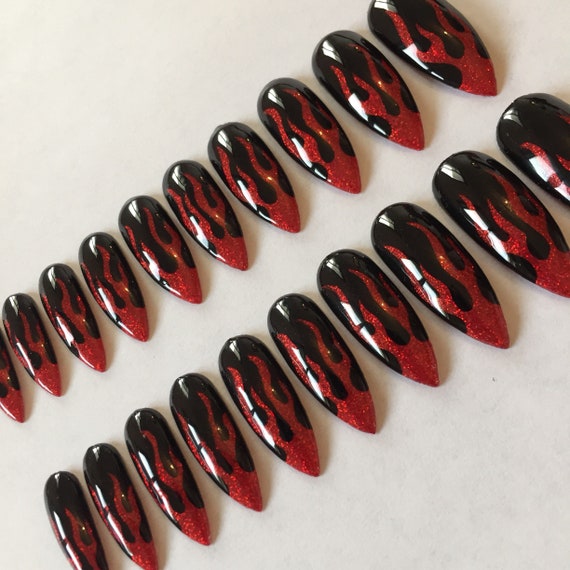 Red Holographic Glitter Flame False Nails Etsy