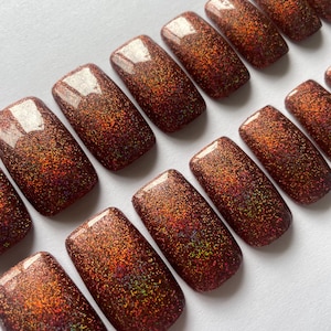 Brown/Bronze Holographic Glitter Extra Wide False Nails, Full Set of 20 Wide Fit Press on Nails.