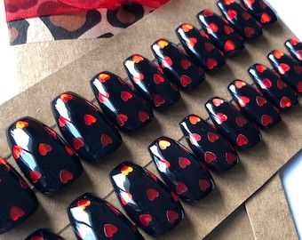 Black and Red Heart False Nails, Long Stiletto Heart Press on Nails, Full Set of 20 Nails.