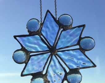 Stained Glass Iced Blue Iridescent Snowflake