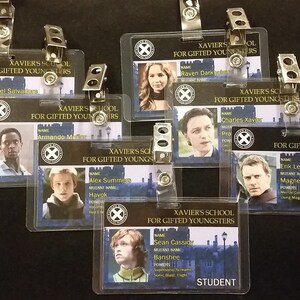 May include: A set of eight plastic ID cards with black and white images of characters from the X-Men franchise. Each card has a black and white image of a character, their name, and their mutant name. The cards are labeled "Xavier's School for Gifted Youngsters".