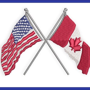 Peut inclure: Deux drapeaux croisés, le drapeau américain avec des rayures rouges et blanches et des étoiles bleues, et le drapeau canadien avec une feuille d'érable rouge sur fond blanc.