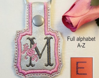 Monogram ITH full embroidery alphabet A-Z snap tab key fob. Dst pes jef exp embroider designs. In the hoop key chain file all 26 letters