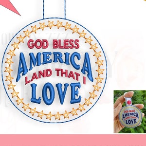 God Bless America ITH Snap Tab key fob design. Embroidery in the hoop key chain 4th of July template