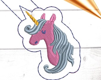 Unicorn embroidery design, ith pattern. Snap tab in the hoop key fob template design file. Key chain to embroider. PES unicorn