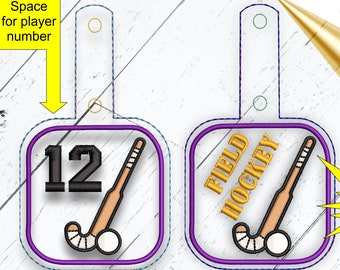 Field Hockey snap tab in the hoop embroidery design set. Two options included. Blank space for adding your player numbers.